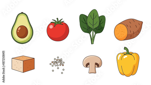 A vibrant and healthy selection of fresh produce and food ingredients, including avocado, tomato, spinach, sweet potato, tofu, peppercorns, mushroom, and bell pepper