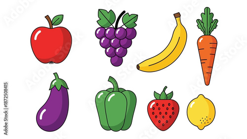 Collection of fresh fruits and vegetables like apples, grapes, bananas, carrots, eggplants, bell peppers, strawberries, and lemons, showcasing healthy food items