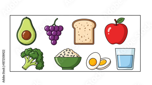 A healthy food selection including fruits, vegetables, grains, protein, and water for a balanced diet