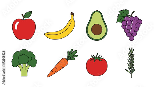 Collection of colorful fresh fruits and vegetables icons, healthy food assortment for dietary and culinary concepts