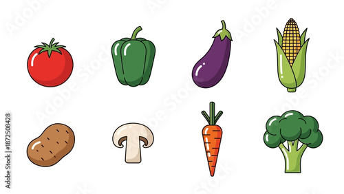 Collection of fresh vegetables icons tomato, bell pepper, eggplant, corn, potato, mushroom, carrot and broccoli