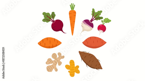 Collection of healthy and nutritious root vegetables arranged in a circular pattern on a white background, symbolizing fresh produce and a balanced diet
