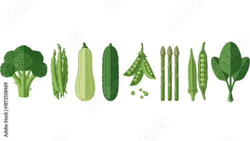 A diverse collection of fresh green vegetables, including broccoli, zucchini, cucumber, peas, asparagus, okra, and spinach, presented in a vibrant and healthy arrangement