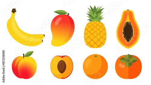 Collection of assorted fresh fruits including bananas, mango, pineapple, papaya, apple, peach, orange, and persimmon