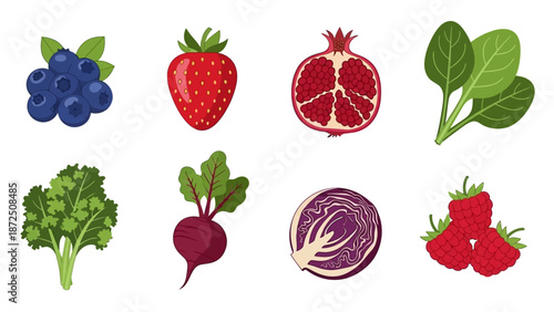Assortment of Fresh Fruits and Vegetables Displayed in a Grid Layout
