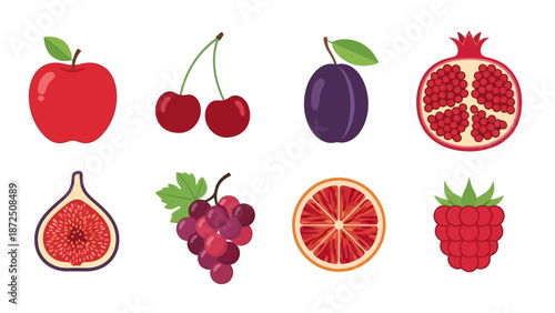 A colorful assortment of fresh, healthy fruits including apples, cherries, plums, pomegranates, figs, grapes, oranges, and raspberries