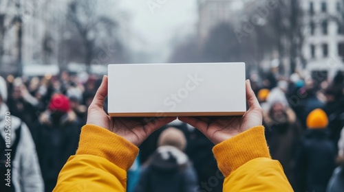 Blank white box held aloft by a person in a yellow jacket amidst a crowd