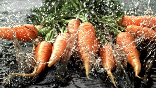 Super slow motion fresh carrots . Filmed on a high-speed camera at 1000 fps. High quality FullHD footage