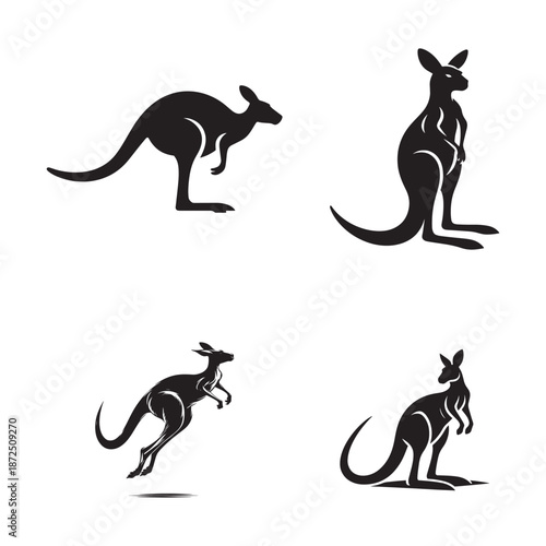 Jumping kangaroo black silhouette, Australian wildlife animal vector illustration isolated on white background