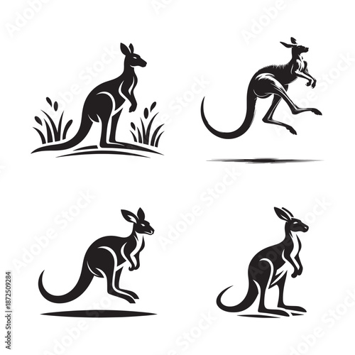 Jumping kangaroo black silhouette, Australian wildlife animal vector illustration isolated on white background