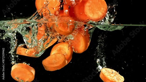 Super slow motion carrot slices. Filmed on a high-speed camera at 1000 fps. High quality FullHD footage