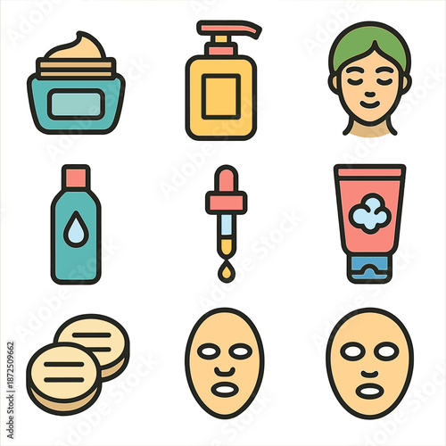 Skincare icons: cream, serum, masks, and beauty essentials illustrated in vector style
