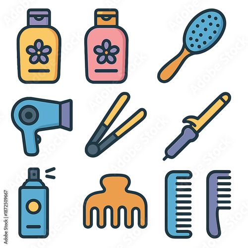 Colorful icon set of haircare products and styling tools