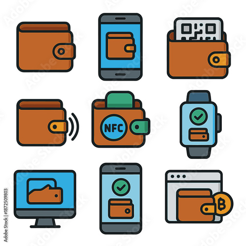 Digital wallets and nfc technology icons for secure contactless payments
