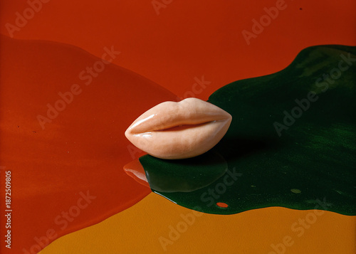 Shea butter in the shape of female lips against a background of oil splashes