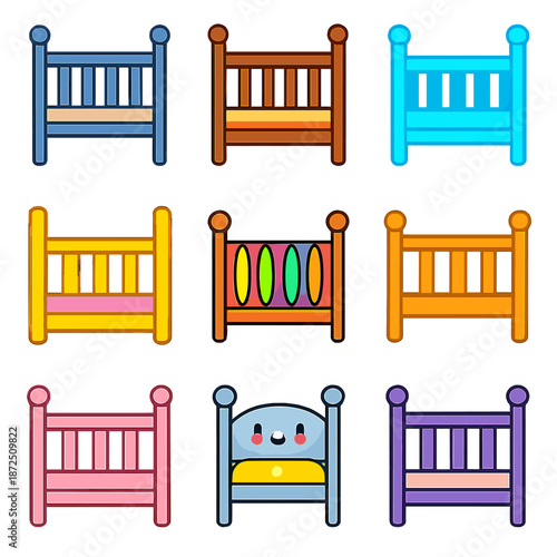 Colorful baby crib icons with bright backgrounds in a grid layout