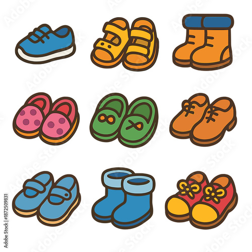 Colorful cartoon footwear icons collection for kids and toddlers