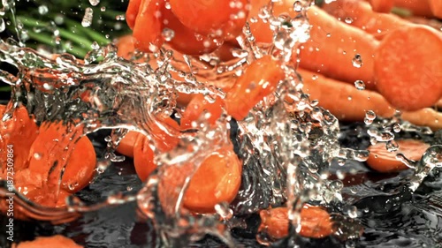 Super slow motion carrot slices. Filmed on a high-speed camera at 1000 fps. High quality FullHD footage