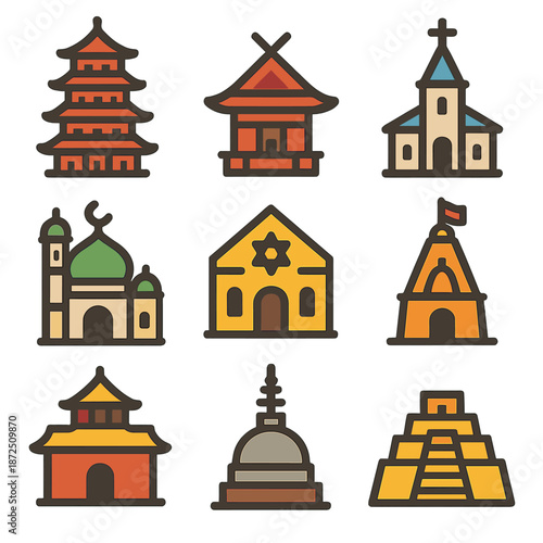 Colorful icons of global religious buildings and structures