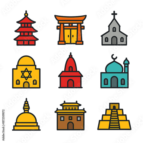 Colorful icons of world religions and temples on abstract background