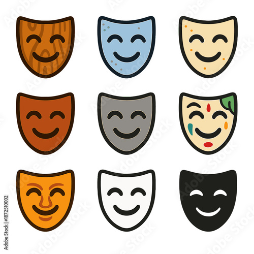Diverse theater masks on colorful background highlighting emotions and culture