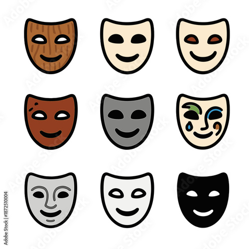 Diverse masks collection representing various emotions and personalities