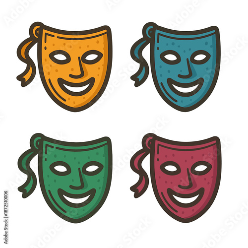Colorful theater masks on gradient background with playful expressions and patterns
