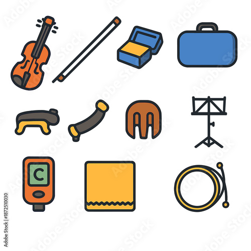 Colorful violin icons set featuring case, tuner, and various accessories