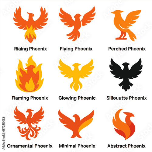 Colorful phoenix designs collection: glowing, ornamented, and minimalist variations