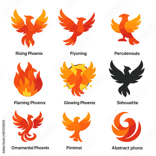 Colorful phoenix icons collection: fiery, glowing, and abstract designs