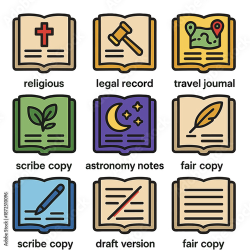 Nine illustrated icons representing different types of books and records