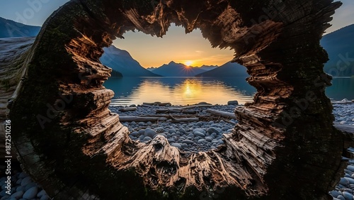 Sunset Through a Hollow Log on a Rocky Shoreline.