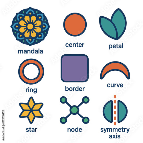 Colorful geometric symbol collection with mandala, petal, and star designs