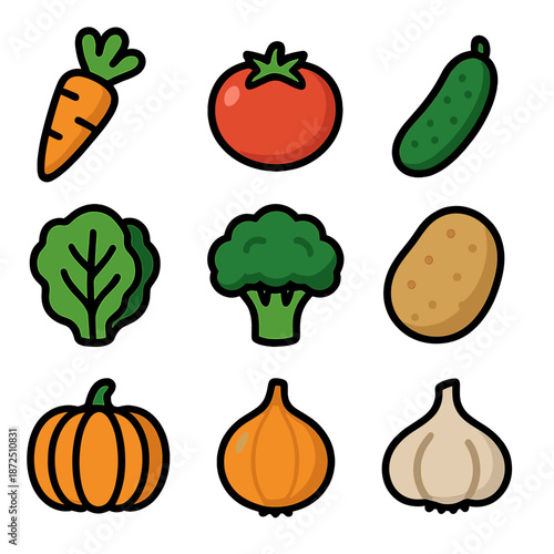 Colorful vegetable icons: cute cartoon style for fresh market appeal