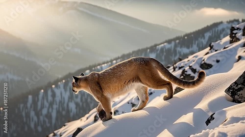 Majestic mountain lion traversing a snow-covered rocky slope at sunrise, highlighting its powerful physique and adaptation to harsh winter environments