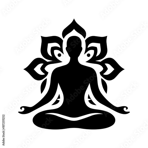 Seated human figure in meditation pose with lotus elements, representing mindfulness, calm, and inner awareness.