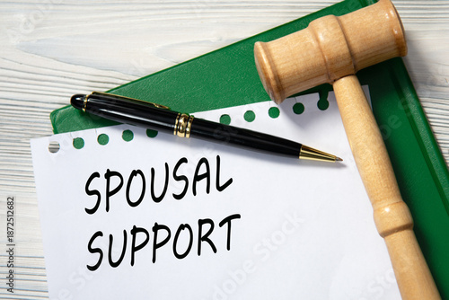SPOUSAL SUPPORT - words in white paper against the background of a green folder and a judge's gavel