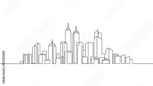 Cityscape illustration with continuous line drawing of modern skyscrapers and buildings