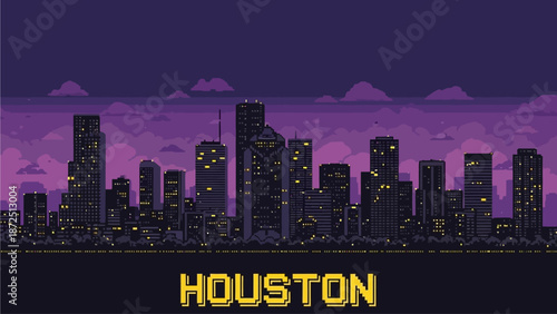 Cityscape of Houston at Dusk with Skyscrapers and Illuminated Buildings