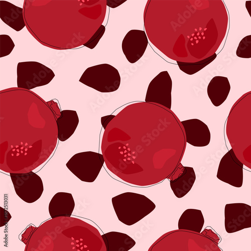 Seamless vector pattern with pomegranates on pink. Bold fruit art symbolizing ancient ritual, abundance, deep passion, and Mediterranean mystique.