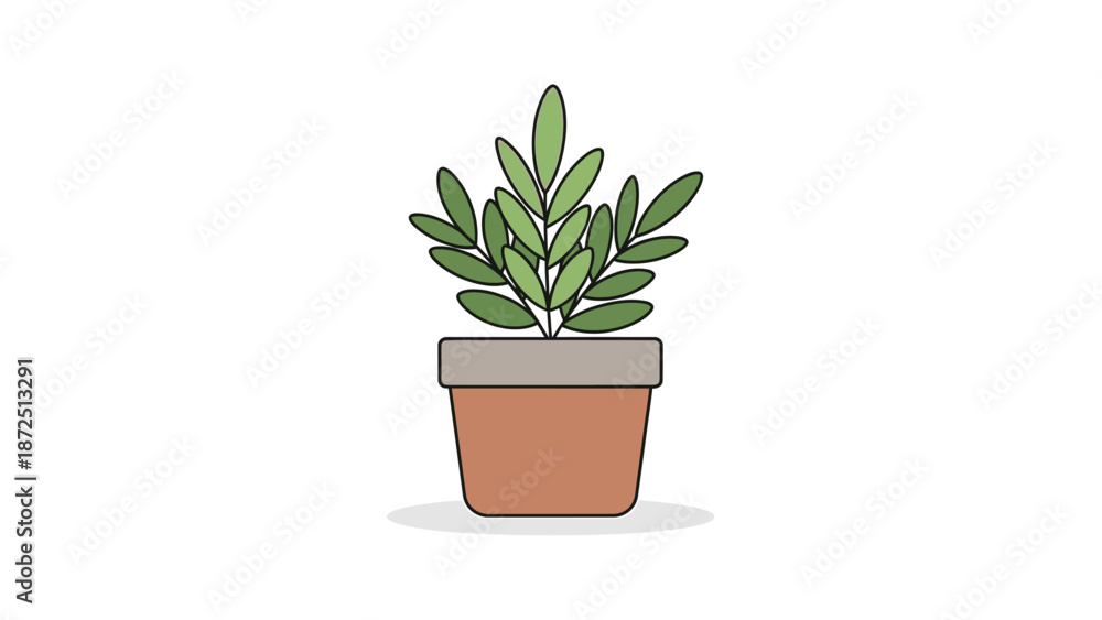Fototapeta premium A simple illustration of a small green plant with multiple leaves in a terracotta pot, depicted in a clean, minimalist style.