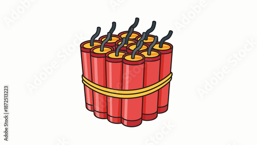 A cartoon illustration of a bundle of red dynamite sticks with black fuses, tied together with yellow bands.