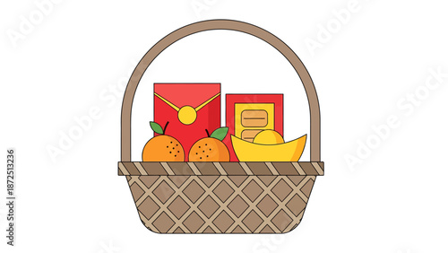 A festive brown woven basket filled with Chinese New Year gifts including red envelopes, oranges, and a golden ingot.