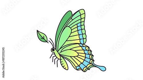 A vibrant green and blue butterfly with unique leaf-shaped antennae, depicted in a stylized illustration.