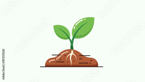 A simple illustration of a young green plant with two leaves growing in brown soil, clearly showing its roots underground.