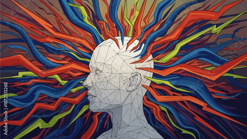 A Human Experience of Emotional Turmoil Illustrated through Vibrant Colors and Abstract Lines