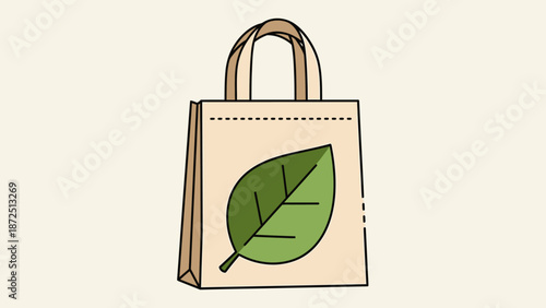 A beige reusable tote bag with a large green leaf design, symbolizing eco-friendliness and sustainability.