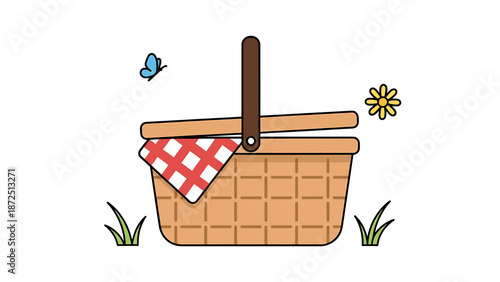 A charming illustration of a classic wicker picnic basket with a checkered cloth, a butterfly, and a daisy, set on green grass.