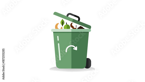 Green compost bin with organic waste and food scraps inside, featuring a recycling symbol on its side, promoting environmental sustainability.