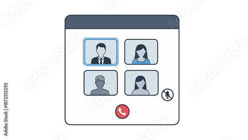 Video conference call with four participants, showing a highlighted speaker and a muted microphone.